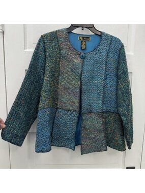 Mirasol Patchwork Boucle Jacket Womens S Teal Lined Art to Wear Peplum